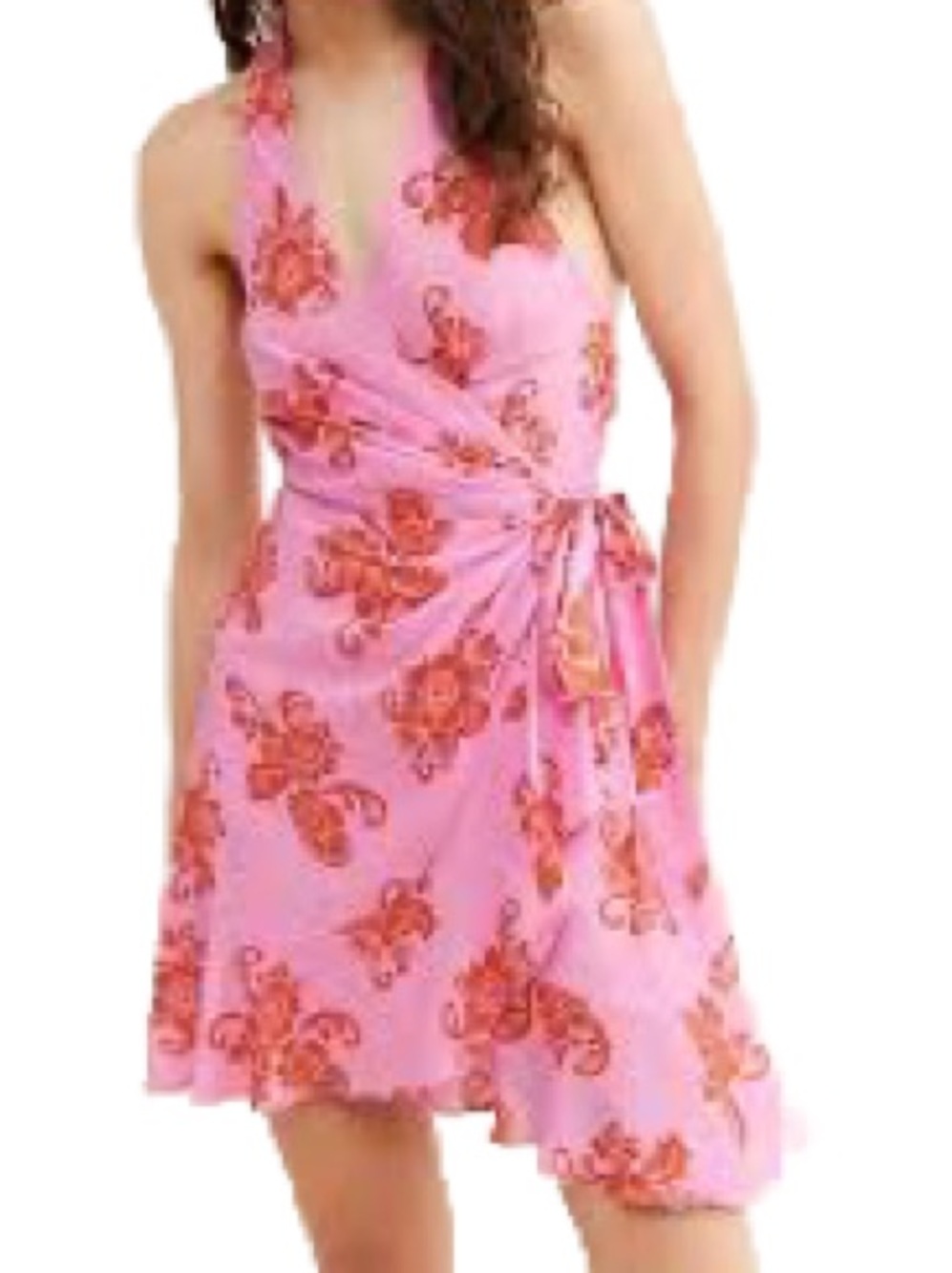 Anthropologie Pink Floral Halter Wrap Mini Dress with Side Tie Size Medium